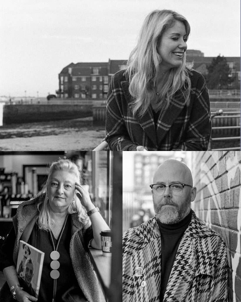 A collection of 3 portrait photos of two women and a man all in black and white.